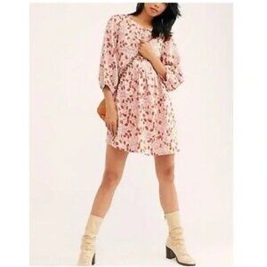 NWT Free People Paper Hearts Light Pink Floral Babydoll Dress Boho Size S